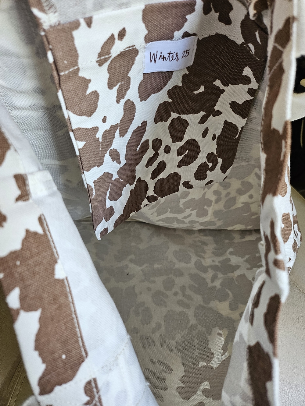 LOFT Brown and Cream Cowprint Canvas Tote with LOVE LOFT Straps - Picture 3 of 9